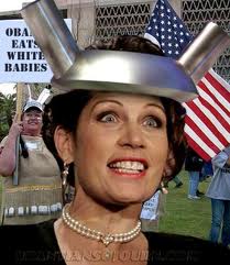 Photoshopped image of Michele Bachmann wearing a tin hat